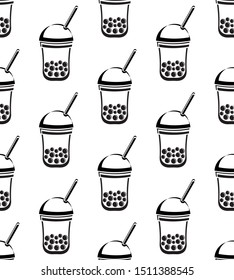 Seamless pattern Bubble Tea, Pearl milk tea, black and white pearls. Taiwanese tea-based drink with chewy tapioca ball which also known as pearls, or bobals.  Black and white background in vector.