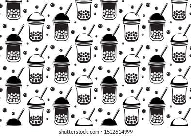 Seamless pattern Bubble Tea, Pearl milk tea, black and white pearls. Taiwanese tea-based drink with chewy tapioca ball which also known as pearls, or bobals.  Black and white background in vector.
