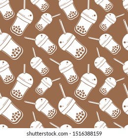 Seamless pattern Bubble Tea, Pearl milk tea, black and white pearls. Taiwanese tea-based drink with chewy tapioca ball which also known as pearls, or bobals. It's very popular in Asia.