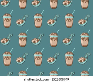 Seamless pattern Bubble Tea, Pearl milk tea, black and white pearls. Taiwanese tea-based drink with chewy tapioca ball which also known as pearls, or bobals. It's very popular in Asia.