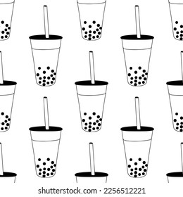 Seamless pattern with bubble tea with straw. Linear minimalist surface with drinks for kitchen textile, fabric, menu design. Black and white line art elements