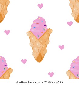 Seamless pattern with Bubble Waffle cone dessert. Hong Kong waffle food