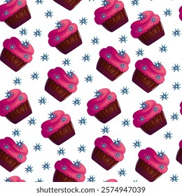 A seamless pattern of Bubblegum Pink cupcakes with creamy pink frosting, radiating sweetness and joy. Perfect for cheerful designs, dessert themes, and fun, happy projects.