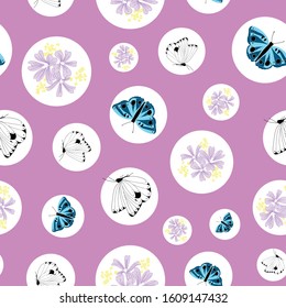 Seamless pattern bubbles and butterflies on purple background