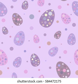 Seamless pattern with bubbles and  Easter eggs of different tints of purple on violet background. Cute Vector illustration. 