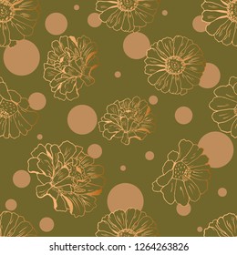 Seamless pattern with bubbles and flowers (zinnia, camomile, sunflower, daisy) for textile, bedlinen, pillow, undergarment, wallpaper. Vector illustration.