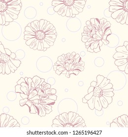 Seamless pattern with bubbles and flowers (zinnia, camomile, sunflower, daisy) for textile, bedlinen, pillow, undergarment, wallpaper, baby, childrens products. Vector illustration.