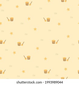Seamless pattern of a bucket, shovel and star in the sand. Vector Illustration