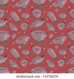 Seamless pattern with bud, petal, rose flower on dark red background. Vector illustration could be used for background, textile, house interior or wallpaper.