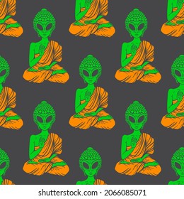 Seamless Pattern With Buddha Alien, Psy Art