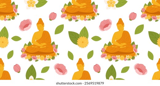 Seamless Pattern of Buddha with Floral and Leaf Motifs in a Vibrant Zen Design for Meditation, Spirituality, and Decorative Backgrounds