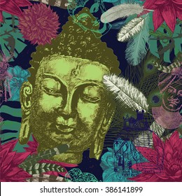 Seamless pattern with Buddha head, exotic flowers, leaves, sketches of maharajah, elephant and Buddha. Hand drawn vector.