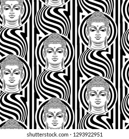 Seamless pattern - Buddha head on background vector 3D illustraion of vortex view, in the style of optical visual with black and white geometrical illusions
