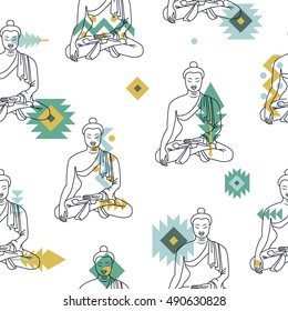  seamless pattern Buddha in meditation. Vintage decorative composition. Indian, Buddhism, Spiritual, Esoteric budda motifs. tattoo, yoga, spirituality.