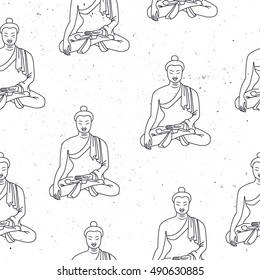   seamless pattern Buddha in meditation. Vintage decorative composition. Indian, Buddhism, Spiritual, Esoteric budda motifs. tattoo, yoga, spirituality.