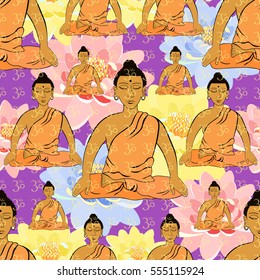 seamless pattern Buddha sitting in the lotus Indian meditation closed eyes on purple vector illustration