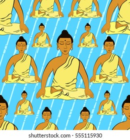 seamless pattern Buddha sitting in the lotus Indian meditation closed eyes  on blue .vector illustration
