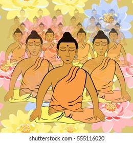 seamless pattern Buddha sitting  lotus Indian meditation closed eyes  vector illustration