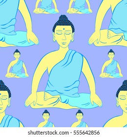 seamless pattern Buddha sitting in the lotus Indian meditation on purple vector illustration