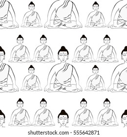 seamless pattern Buddha sitting in  lotus Indian meditation closed eyes  coloring vector illustration