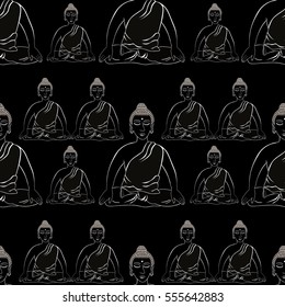 seamless pattern Buddha sitting in the lotus Indian meditation closed eyes on black  vector illustration