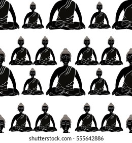 seamless pattern Buddha sitting in the lotus Indian meditation closed eyes  vector illustration