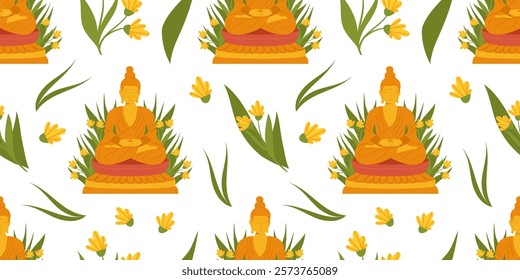 Seamless pattern of Buddha statues in meditation surrounded by yellow flowers and green leaves on a white background. Spiritual and decorative design for print and wallpaper