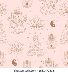 Seamless pattern with buddhism and hinduism, yoga objects, buddha, ganesha, mandala, lotus in one line style. Editable vector illustration.