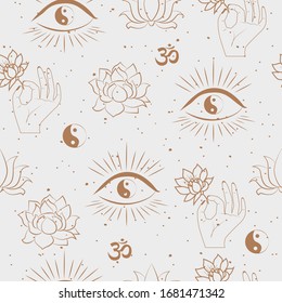 Seamless pattern with buddhism and hinduism, yoga objects, eye with sun lights, mandala, lotus in one line style. Editable vector illustration.