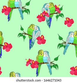 Seamless pattern of budgies sitting on branches. Vector graphics.