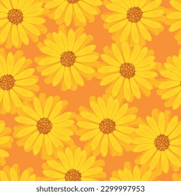 Seamless pattern with buds of marigold flowers on an orange background 