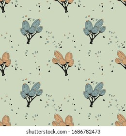 Seamless pattern with buds on a branch. Abstract plant. Wallpaper, print, paper, packaging, textile design. Vector illustration.