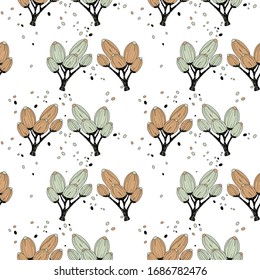 Seamless pattern with buds on a branch. Abstract plant. Wallpaper, print, paper, packaging, textile design. Vector illustration.