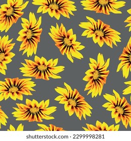 Seamless pattern with buds of orange gazania flowers on a gray background 