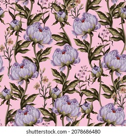 Patrón sin foco con brotes de las peonías sobre fondo rosado. Impresión vectorial textil.