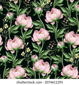 Patrón sin foco con brotes de las peonías rosadas sobre fondo negro. Impresión vectorial textil.
