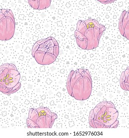 Patrón sin inconvenientes con brotes de tulipanes rosas. Patrón continuo con elementos florales románticos. Textura sin fin para la temporada de primavera. Para varios diseños, imprimir.