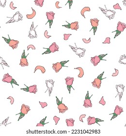 Seamless pattern buds and rose petals. Confetti, cosmetics, wedding beautiful floral background
