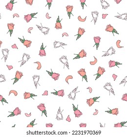 Seamless pattern buds and rose petals. Confetti, cosmetics, wedding beautiful floral background