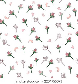 Seamless pattern buds and rose petals. Confetti, cosmetics, wedding beautiful floral background.