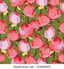 seamless pattern with buds of roses or peonies in bright colors