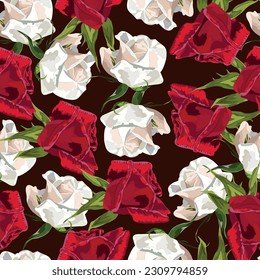 Seamless pattern with buds of white and red roses on a dark background