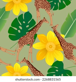 Seamless pattern of buff color giraffe with blood red color spots, Dartmouth green , asparagus banana leaves, selective yellow flower on olivine background. wildlife animal and jungle theme pattern.