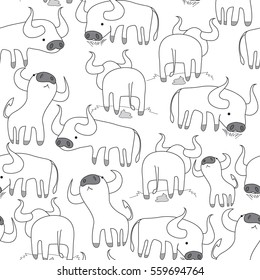Seamless pattern of buffalo in black and white use as background, wallpaper, card and wrap paper