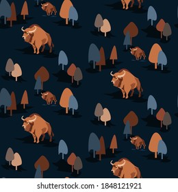 Seamless pattern. Buffalo in the forest. Bison vector illustration. Children's pattern with animals, for fabrics, backgrounds, clothes.