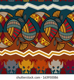 Seamless pattern with a buffalo head and a lotus flower