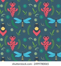 Seamless pattern bug and flower on blue background design.Great for home decor, fabric, wallpaper, gift-wrap, stationery