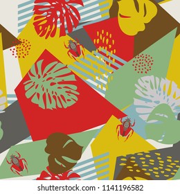 Seamless pattern with bugs, abstract figures and leaves