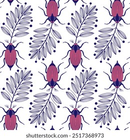 Seamless pattern with bugs chafer and leaves. Hand drawn vector seamless pattern