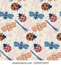 Seamless pattern of bugs and dragonflies doodled with flowers and leaves in fun colors. Great for textiles, baby clothes, wallpapers, gift wraps, stationeries, accessories and more.